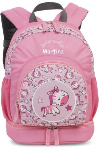 minimutz Kinderrucksack Mädchen - Personalisiert mit Namen - Freizeitrucksack Wanderrucksack Kinder - Zebra in rosa - mit Bodenfach Schuhfach