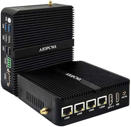 AIOPCWA Fanless Micro Firewall Appliance Quad Core N100, Windows 11 Pro Industrial Mini PC Router, 4 x i225V 2.5 GbE LAN, DDR4 8GB RAM 128GB SSD, Dual RS232 COM, HD, DP, WiFi, BT4.2
