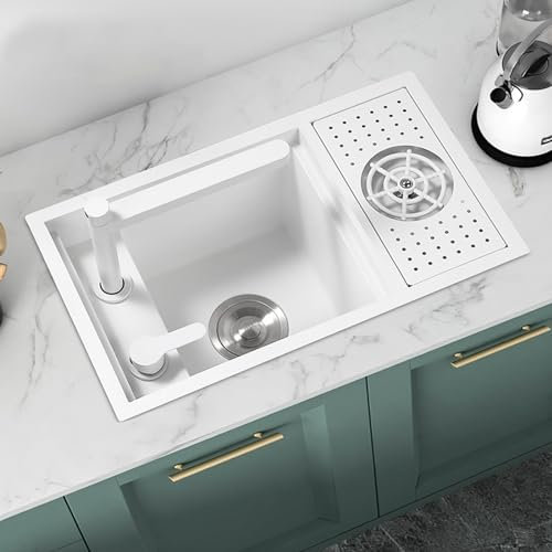 Fregadero Bajo Encimera Blanco Lavabo Cocina Multifuncion de Acero Inoxidable, Fregadero con Grifo Oculto,700 * 400mm