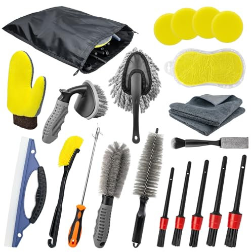 AdrreyuFny Kit Nettoyage Voiture, 21Pcs Lot de Brosse Nettoyage Voiture Interieur Exterieur Kit Lavage Voiture Kit Brosse Jante Voitur