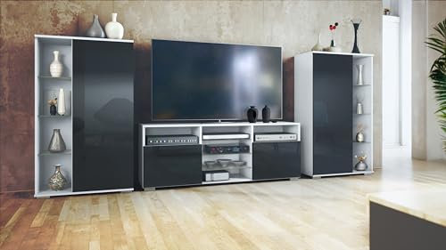 Vladon Wohnwand Davos, Anbauwand bestehend aus 2 Vitrinen und 1 TV-Board, Weiß matt/Schwarz Hochglanz (329 x 134 x 35 cm)