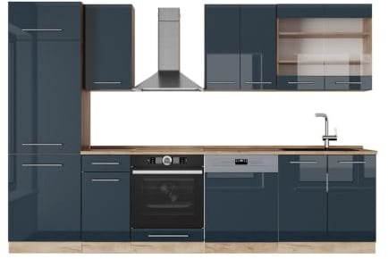Vicco Küchenzeile Fame-Line, Dunkelblau Hochglanz/Goldkraft Eiche, 300 cm | 8 Module · Höhenverstellbare Füße · Arbeitsplatte Eiche · MDF-Fronten · Softclose · Metallgriffe