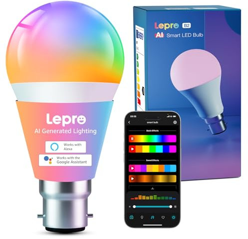 Lepro B2 AI Smart Bulb Bayonet, 1100lm WiFi Bulb B22, Music Sync Colour Changing Light Bulbs, AI Lighting Design Assistant, Voice Control, Works with Alexa & Google Assistant, RGBCCT Dimmable LED Bulb