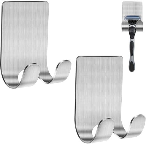 2 Stück Rasierer Halterung Dusche, Dusche Selbstklebend Haken, Silber Edelstahl Klebehaken, Rasierhalter Dusche Aufhänger Dusche Geeignet für Tür Wand Badezimmer Büro, Ohne Bohren