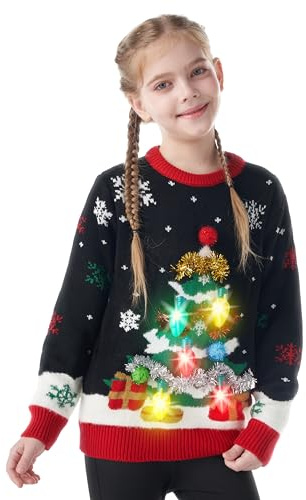 Giggling Getup Hässlicher Weihnachtspullover für Kinder, LED-beleuchteter Weihnachtsbaum. Hässlicher Pullover, hässlicher Weihnachtspullover für Kinder – Medium (8–10 Jahre), Schwarz