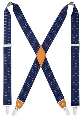 HISDERN Herren 3,5 cm breiter Hosenträger in X-Form mit sehr Starken 4 Metall Clip für Männer und Damen elastisch und verstellbar Blau Polka Dot