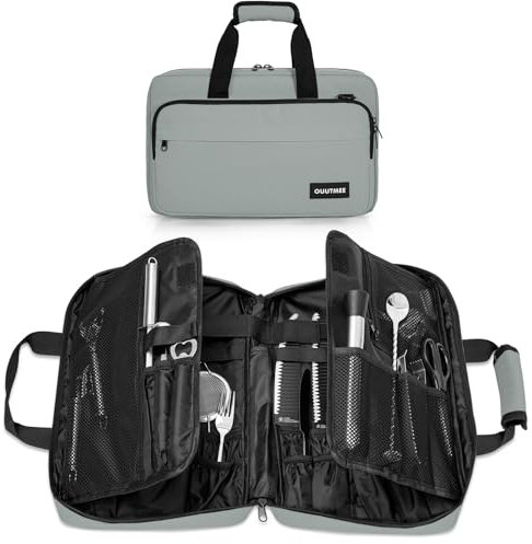 BQKOZFIN Chef Knife Bag, 17 Slots Knife Storage Case for Professional Chefs, Knife Carrying Case with Multiple Pockets, Knife Carrier Travel Bag for Knives & Kitchen Utensils, Small (Grey)
