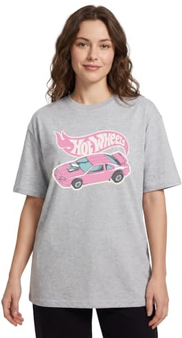 Hot Wheels Pink Car Womens Grey Short Sleeve Graphic Tee | Racing Theme T-Shirt for Women | Classic Logo | Retro Style Apparel | Gift for Car Enthusiasts & Collectors