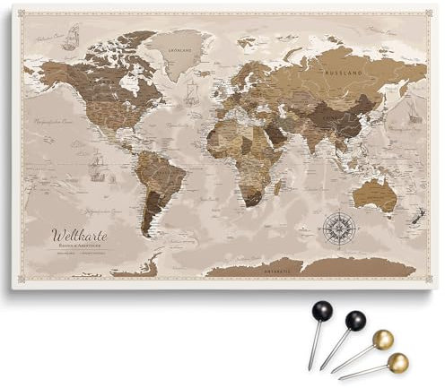 Personalisierbare Leinwand aus Weltkarte Motiv mit Rückwand-Pinnwand, perfekt für Reisende und als Wanddekoration, Dekorative Leinwandbilder, inkl. 100 Pins (Design 4, 90x60cm)