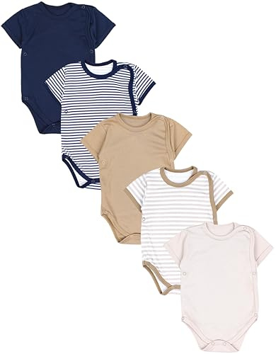 TupTam Baby Body Kurzarm Jungen – Wickelbody Kurzarm aus Baumwolle im 5er Set – OEKO-TEX Zertifiziert, Farbe: Streifen Dunkelblau Beige Hellbeige, Größe: 80