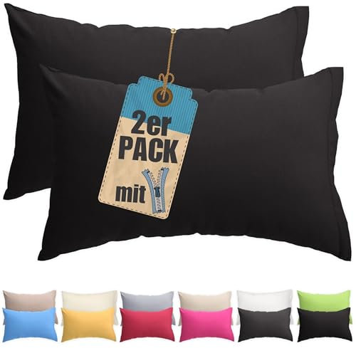 Kissenbezug Doppelpack 60x80 cm Schwarz mit verdecktem Reißverschluss - 2er Pack Kissenhülle Set Baumwolle Uni, Waschbar, Atmungsaktiv Mischgewebe