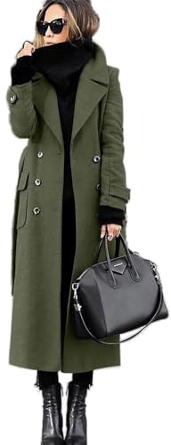 Godoboo Damen Wollmantel mit Umlegekragen Lang Damen Trenchcoat Zweireiher mit Gürtel Damen Frühling Jacke Winddichte Slim Fit Einfarbig Midimantel