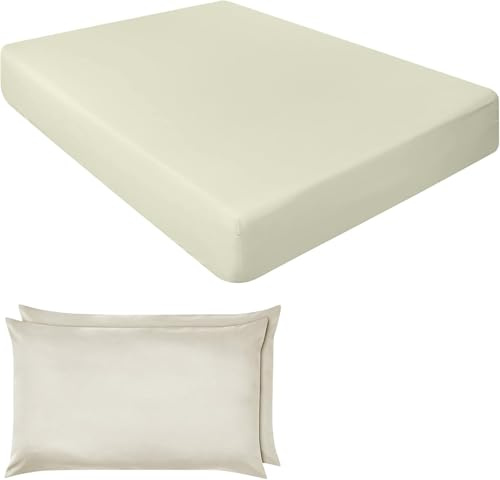 Extra Deep Fitted Sheets 16/40CM Deep Luxury Percale in 15 Colours (Cream, Single + Pillowcase Pair)