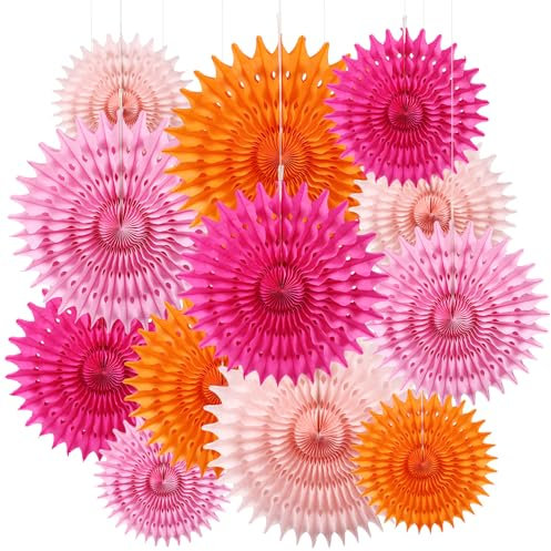 BestoFun 12PCS Paper Fans Orange and Hot Pink Party Decorations Tissue Paper Flowers Decorations for Girl Groovy Birthday Baby Shower Wedding Bachelorette Room Wall Hanging Décor