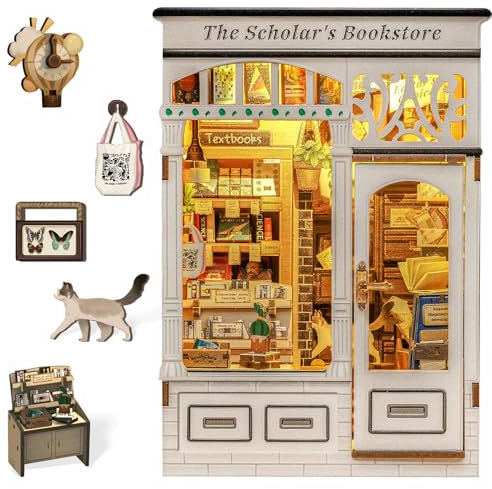 Fsolis Book Nook, 3D-Holzpuzzles Book Nook Kit, DIY Miniaturhaus-Kits für Erwachsene, Bücherregal-Dekor-Geschenke (The Scholar's Bookstore)