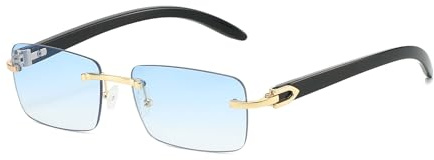 YAMEIZE Trendy Rimless Metal Rectangle Sunglasses - for Women Men Vintage Metal Shades UV400 Protection Driving Outdoor (Gold Blue)