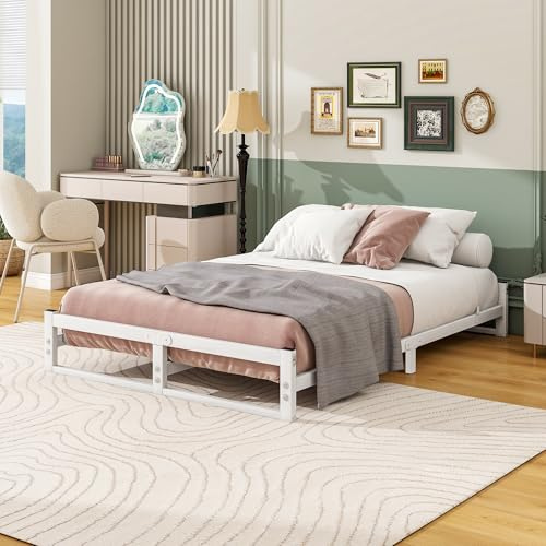 VECOCHO Bett140x190 mit lattenrost,Metallbett 140x190-28cm Höhe Bodenbett 140x190,Bettgestell140x190 cm Plattformbett aus Metall,Gästebett,Doppelbett KeinBoxspringbett Erforderlich,Weiß