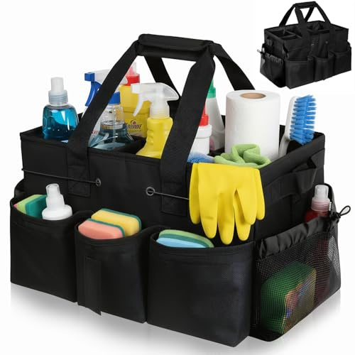 Cnwinu Cleaning Caddy with Handle,Large Multi-Compartment Cleaning Caddy Bag with Removable Dividers&Adjustable Shoulder Strap,Tote Bag Organiser for Cleaners Housekeepers,for Home,Car,Garden (Black)