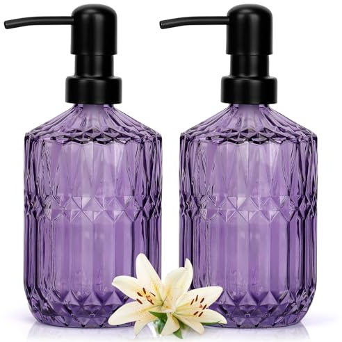 2 Pcs Purple Glass Soap Dispenser Bottle with Pump 13.5 Oz/400 ml | Washing up Liquid Dispenser, BPA Free Non-slip Hand Wash Dispenser for Shampoo, Shower Gel in Bathroom, Laundry Room, Hotel