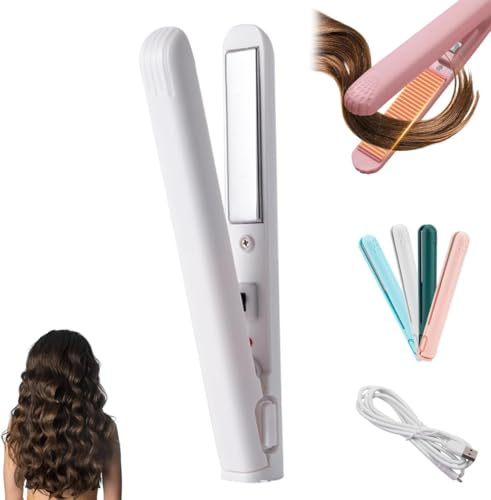 Mini Lockenstab, Tragbarer USB Lockenstab, Mit Heißschutzgehäuse, Tragbarer Reise Haarglätter Für Alle Haartypen,Haarglätter Für Kurze Haare (Weiß)