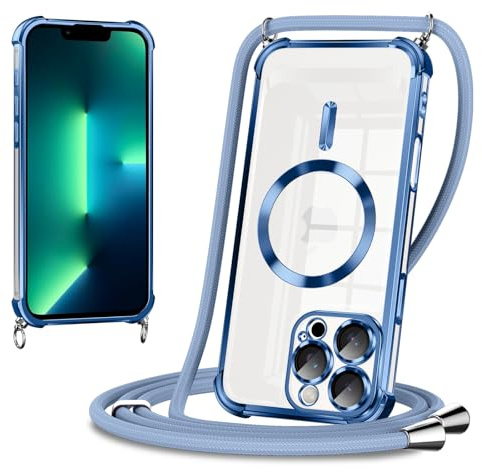 Coiwxmoi Coque Magnétique pour iPhone 13 Pro avec Cordon 6.1, Transparent Housse Étui Compatible avec MagSafe Case avec Collier Lanyard TPU Silicone Antichoc avec Coins Renforcés,Bleu