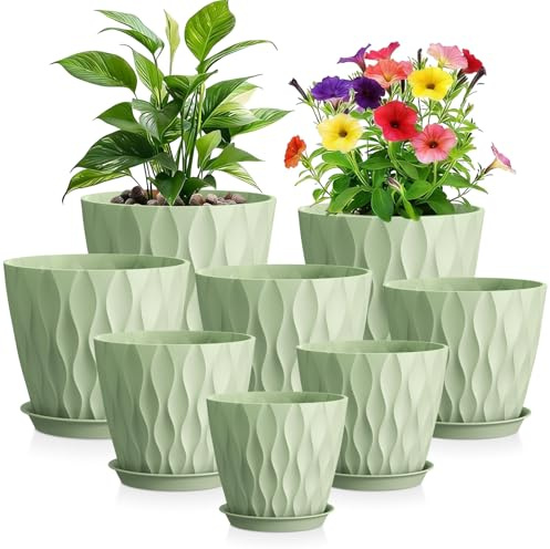 WSMKSZ 8er Set Blumentopf mit Untersetzer, 10 bis 20 cm Pflanztöpfe Innen | Kunststoff Blumentöpfe Set mit Mehrere Ablauflöcher, Moderne 3D-Wellenstruktur, Übertopf Außen, Grün