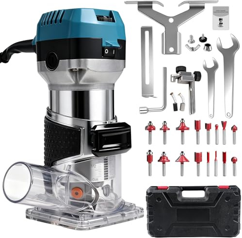 Fresadora de Madera Rebajadora Eléctrica, 1000W Fresadora de Cantos de Mano Portátil con 6 Velocidades Variables, Recortadora Fresadora Vertical, con 16 Piezas de Router Bits para Talla de Recorte