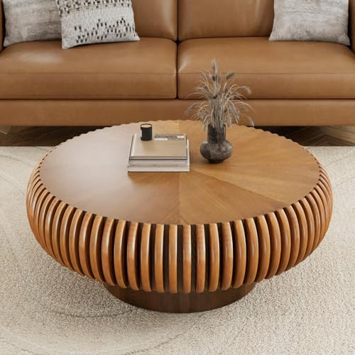 WXFKLDJ 80Cm Trommel-Couchtisch, Moderner, Einzigartiger, 31.5 Round Brown | Geriffelter Teetisch, Zeitgenössischer Runder Couchtisch Aus Holz Mit Geriffelter Tischplatte Für Das Wohnzimmer, Walnuss