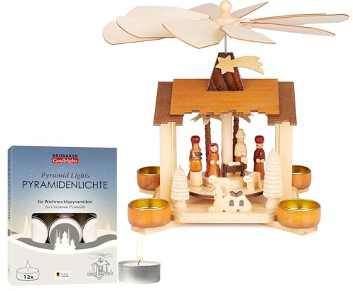 BRUBAKER Weihnachtspyramide inkl. 12er Pack Pyramiden-Teelichter - 28 cm Holzpyramide mit Jesus, Maria, Josef und Stern von Betlehem - Krippe Teelichtpyramide für Weihnachten - Handbemalt