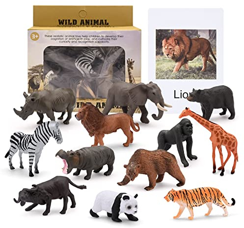 12 PCS Safari Animals Toys Set with Introducing Flashcards in a Box Jungle Animal Figures for Kids Toddler Realistic Assorted Mini Wild Zoo Playset Small World Toys for Educational Play Party Favors