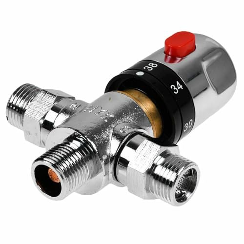 Thermostatic Mixing Valve 1/2 Inch BSP 3-Way Silver | Hot Cold Water Temperature Control; For Bathroom Washroom Kitchen; Pipe Basin