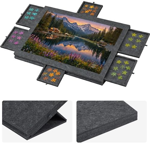Youyijia Puzzle-Aufbewahrungsbrett mit Schubladen – Neigbare Puzzle-Platte aus Filz für bis zu 1000 Teile, 2-in-1 Puzzleboard mit Ständer & Abdeckung, Leicht & Tragbar (Dunkelgrau)