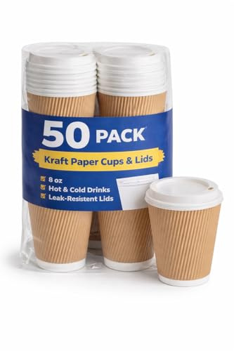E Greenwize Packaging50 Pack 8 oz Ripple Wall Paper Cups with Lids, Kraft Brown