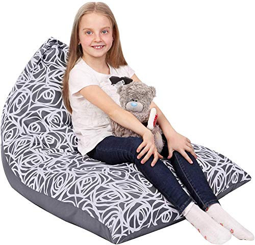 Kids Bean Bag - COVER ONLY - Stuffed Animal Storage - Large Triangle Beanbag Chairs for Kids - 150+ Teddy Plush Toys Holder and Organiser for Girls - 100% Cotton Canvas - Grey Roses
