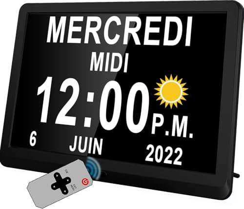 Véfaîî 10 Pouces Grand Horloge Numérique, Automatique de L’Heure D’été, Réveil Murale Silencieux avec 20 Rappels Personnalisés pour Les Adultes et Les Enfants et la maladie d'Alzheimer