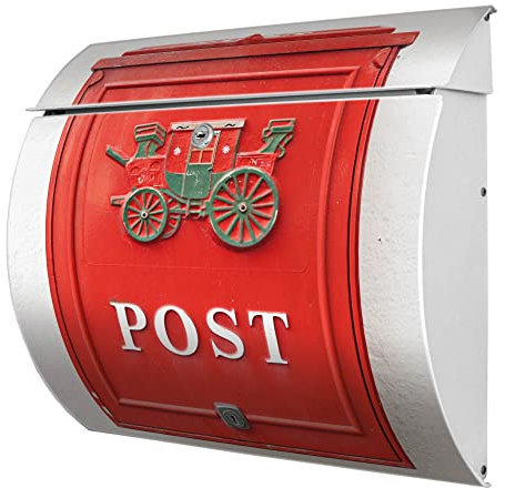 banjado® Burgwächter® Briefkasten weiß aus Stahl mit Motiv Nostalgie Post/Briefkasten ohne Zeitungsfach/Postkasten mit Kippdach & Öffnungsstopp, 2 Schlüssel
