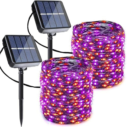 Joomer Stringa di luci solari arancioni viola per Halloween, confezione da 2 pezzi, 300 LED, 8 modalità, luci solari impermeabili, filo nero per decorazioni di Halloween