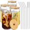 Trinkgläser mit Bambusdeckel und Glasstrohhalm, 4-teiliges Set – 473 ml Dosenförmige Glasbecher, Biergläser, Eiskaffee-Gläser, süßer Trinkbecher, ideal für Cocktail, Geschenk, 2 Reinigungsbürsten