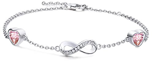 Qings Bracciale Infinito Argento Sterling con Tormalina Braccialetto Simbolo Infinito di Pietre di Nascita con Cuore Rosa Zirconi Gioielli Regalo Festa Della Mamma per Mamma Donna