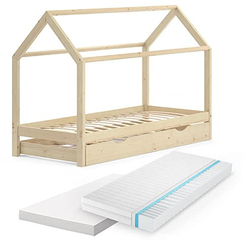 VitaliSpa Hausbett Wiki, Naturholz, 90x200 cm mit Gästebett und 2 Matratzen