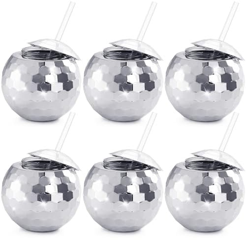 Nicunom 6 Pack Disco Ball Cups with Lids & Straws, 600ml Reusable Silver Disco Ball Tumbler 1970s Disco Flash Ball Cocktail Cup Sparkly Glitter Disco Bar Party Wine Drinking Tea Syrup Bottle