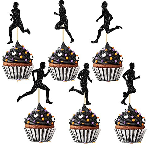 Gyufise 24Pcs Running Cupcake Toppers Black Glitter Sports Fitness Cupcake Picks for Running Theme Boys Girls Birthday Party Cake Decorations Supplies