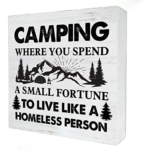 Camping Where You Spend a Small Fortune Wood Box Schild Decor Reise Trailer Camper Holzkiste Schilder mit Sprüchen Schreibtischdekoration Home Shelf Decor Schild 12,7 x 12,7 cm