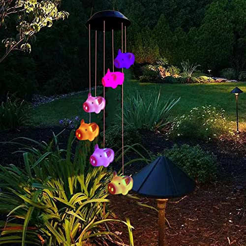 Solar Schwein Windspiele Draußen Dekor Lamp,Farbveränderung Wasserdicht LED Hängelampen Windspiel,Pig Lichterkette für Patio Garden Yard Home Decoration (Rosa Schweinchen)