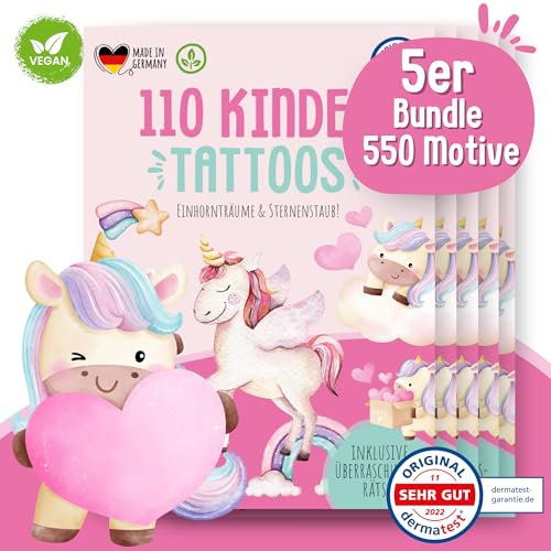 MeinBaby123® 550 Hautfreundliche Einhorn Tattoos | Geschenke | Hauttattoos für Mädchen Prinzessin & Fee | Mitgebsel Kindergeburtstag - Vegan & Made in Germany (5er Set & Fee)