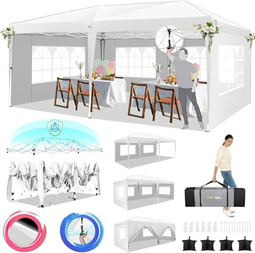 HOTEEL Faltpavillon 3x6 Pavillon Wasserdicht Stabil Winterfest mit 6 Seitenteilen & 4 Sandsäcke, Partyzelt Faltbar UV Schutz 50+ Höhenverstellbar, Pop up Gartenpavillon für Hochzeiten, Freien, Weiß