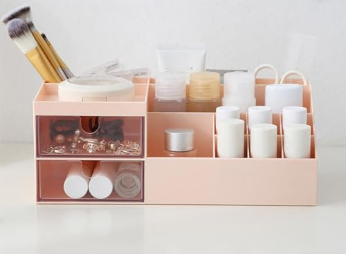 Terafeels Makeup Organiser with Drawers Make Up Storage Cosmetic Dressing Table Organiser Makeup Box with Drawerds for Dresser, Bedroom, Bathroom (Pink), 7401
