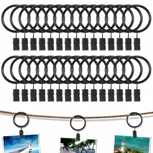 QMAHA 30 Stück Vorhangringe, Golden Vorhang Clips Ringe, Rostfrei Gardinenhaken Vorhang Hängend Ringe, Vorhanghaken Gardinenringe mit Ösen von Gardinen (32 mm Innen) für Duschvorhang (Schwarz)