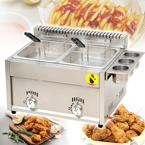 Fablestoryem Freidora de Gas de Doble Tanque de Gran Volumen, freidora de encimera Comercial, freidora de Cocina de Acero Inoxidable 2x8L,para Restaurante, supermercado, Snack Bar