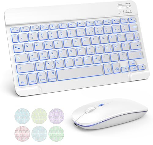 TECURS Kabellos Tastatur Maus Set - 7-farbige Hintergrundbeleuchtung, Bluetooth Tastatur mit Maus Leise für iPad 9./8. Generation, iPad Pro/Air/Mini und ipadOS 13 und höhe,QWERTZ Deutsches, Weiß Grau